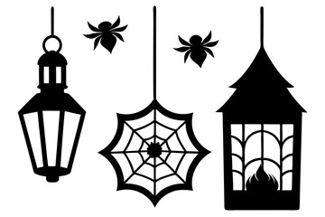 Laser cut lanterns. Halloween decoration for holiday, invitation card, scrapbooking. Flashlight silhouette. Spider, spiderweb, bat at candlesticks. Vector element isolated on transparent background.