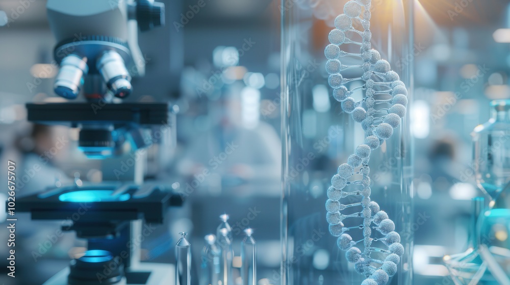 Poster a close-up of a dna strand is set against a blurred laboratory background filled with scientific equ