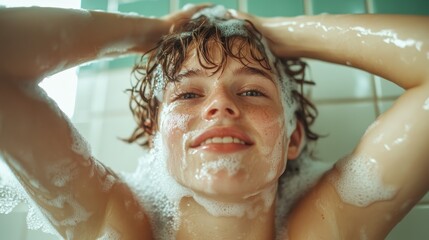 A close-up of a person with a joyful expression and soapy lather in their hair, enjoying a refreshing shower. The image exudes cleanliness and rejuvenation with a creative twist.