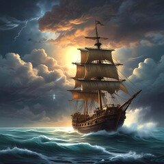 Fototapeta premium Illustration of ancient ship with starry sky and moon behind.