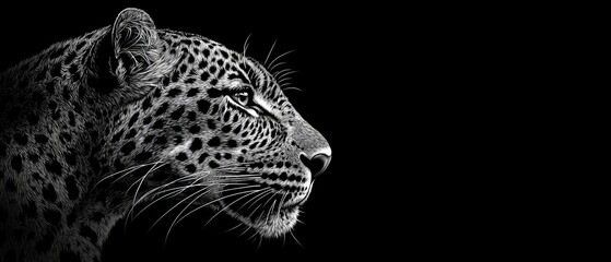 Obraz premium A black-and-white image of a leopard's face against a black background, with the leopard's head prominently featured in the foreground