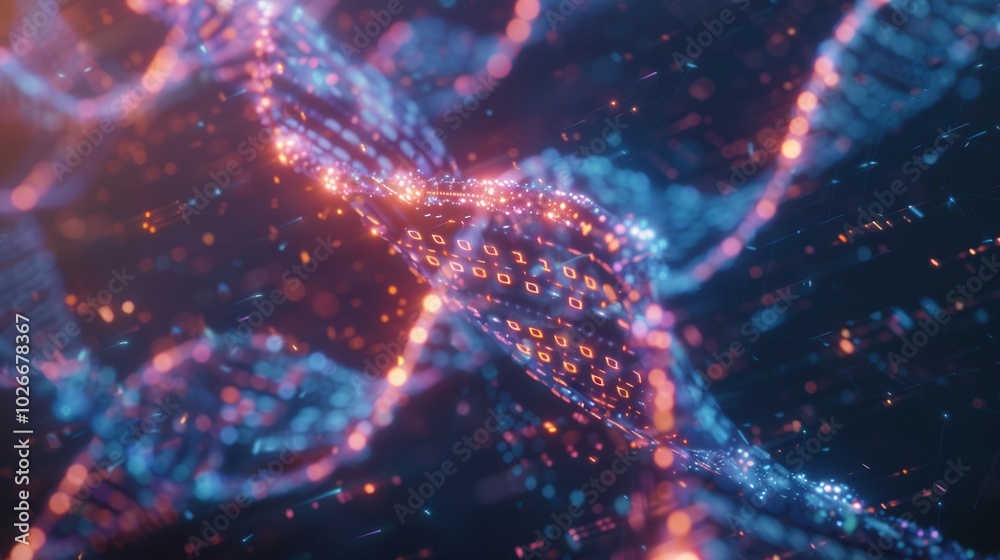 Poster a vibrant 3d-rendered dna strand displays intricate binary code and flowing data streams, illustrati