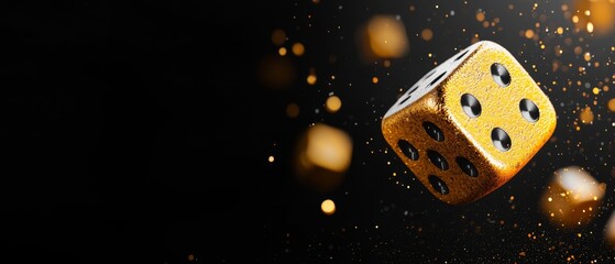  A yellow dice soaring against a backdrop of black, sprinkled with golden flecks A black background adorned with drifting gold flecks