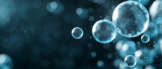  A collection of bubbles drifting in the air against a blue and black backdrop with a soft bokeh effect