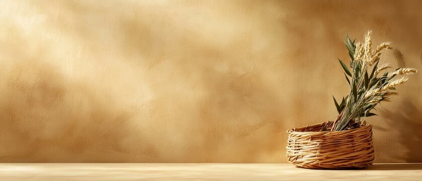  A wicker basket holding a potted plant on a table before a brown wall with a light backdrop