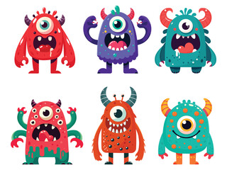Cartoon monsters set isolated on white background flat design