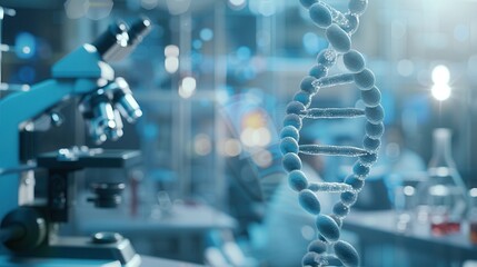 A prominent DNA strand is highlighted against a blurred laboratory backdrop, indicating ongoing genetic research and analysis. Generative AI