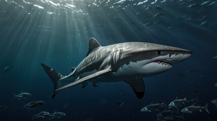 Naklejka premium A great white shark swims in the ocean, with sunlight shining through the water.