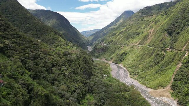 aerial view flying through valey