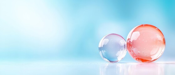  Two soap bubbles, closely captured against a backdrop of blue and pink Reflection of bubbles mirrored in water below