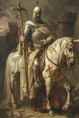 Fototapeta premium Templar knight on horseback holding a cross in medieval setting