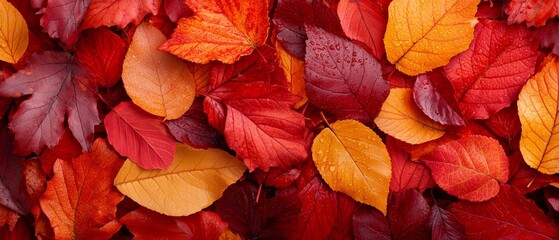 Fototapeta premium A pile of red and yellow leaves atop another pile of green and red leaves, both atop yet another pile of red and yellow leaves