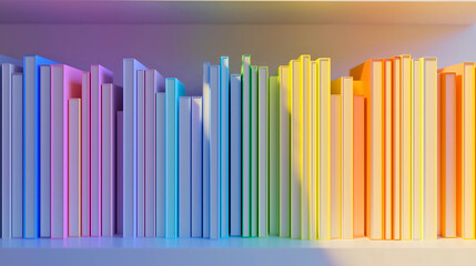 Rows of organized books with colorful spines, creating a rainbow effect on a minimalist bookshelf.