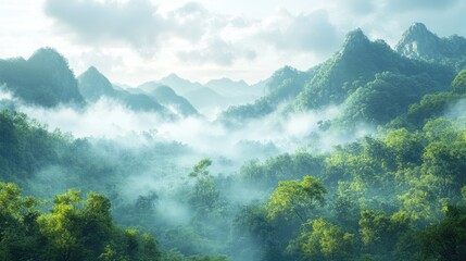 Obraz premium Misty mountains bathed in early morning light, a perfect nature scene for adventurous spirits and serene landscapes.