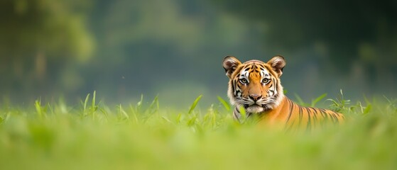  A tight shot of a tiger reclining in a sea of grass Surrounding background of trees and bushes lightly out of focus