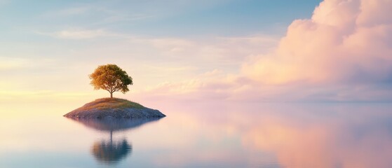  A solitary tree on a tiny island amidst a tranquil body of water, backdrop graced by clouds