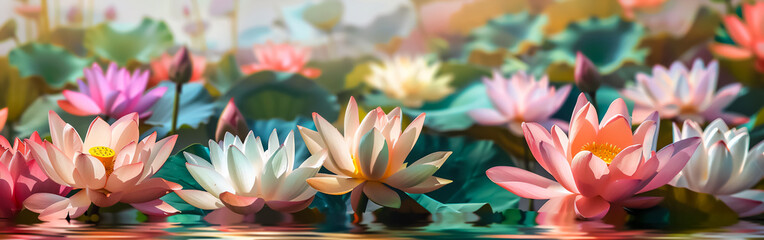Fototapeta premium Picturesque pond with lotus flowers, where vibrant blooms blend beautifully with green leaves, creating a stunning composition. This place inspires creativity and tranquility.
