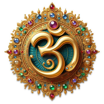 Indian Hinduism religious symbol golden text Om, aum, or oim meaning adoration to Hindu god, decorated with emerald, sapphire, ruby, jewels, ornate, gold thread, cutout in transparent background, png 
