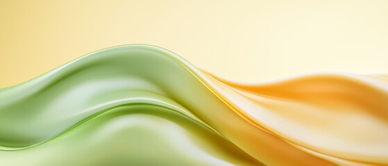  A tight shot of a green-yellow backdrop, featuring a wavelike flow of liquid at its base In the image's lower left corner, the liquid's gentle rip