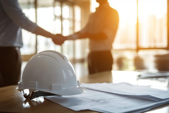 Business partnership agreement in a modern office with construction plans and hard hat