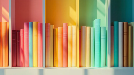 Rows of organized books with colorful spines, creating a rainbow effect on a minimalist bookshelf.