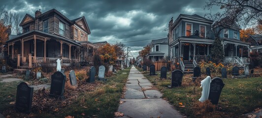 Fototapeta premium A row of houses with intricate Halloween decorations.