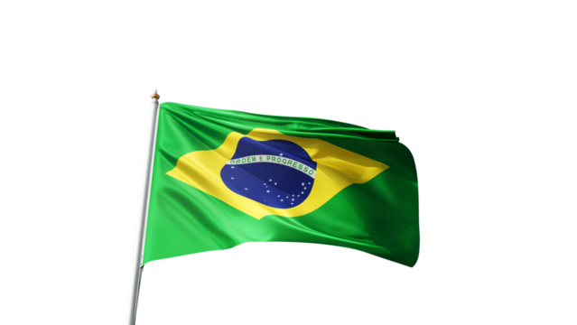 Flag of Brasil with no background, transparent png, flag on a flag pole waving in the wind, south american country, national symbol of Brasil, picture of a flag