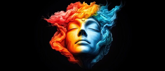  A painting of a woman's face with smoke of various colors billowing from it