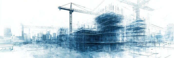 Modern construction site with cranes and blueprints under a bright sky in the city