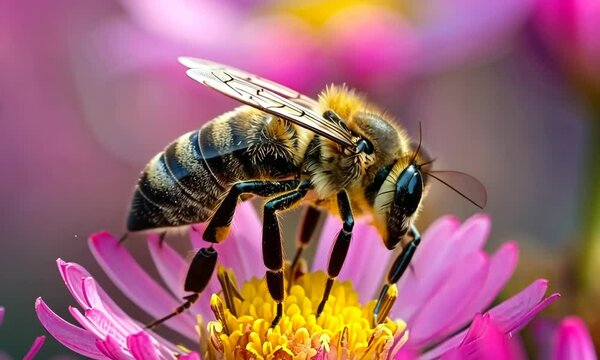 A bee is on a flower, with its head down and its wings spread out Video