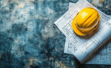 Construction tools and plans on a blue background featuring a yellow hard hat and hammer