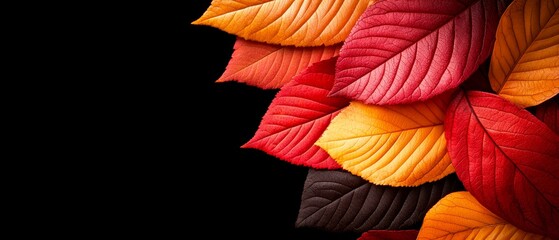 Obraz premium A tight shot of vibrant leaves in red, orange, yellow, and green hues against a black backdrop