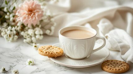 A beautifully crafted cup of latte art coffee is placed on a white cloth, accompanied by a selection of cookies. The hot coffee and crunchy treats create a warm, inviting ambiance. Perfect for adverti