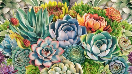 Succulent botanical flowers. Watercolor illustration set. Seamless background pattern. Fabric wallpaper print texture.
