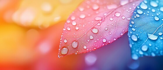 Fototapeta premium A tight shot of two vibrant umbrellas Raindrops bead atop one umbrella