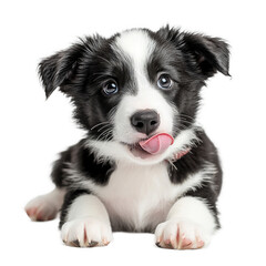 Hungry Border Collie Puppy Licking Its Lips, Dogs. Isolated on a Transparent Background. Cutout PNG.