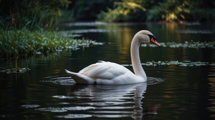 A single white swan gracefully swims in a calm, still river, surrounded by lush greenery.