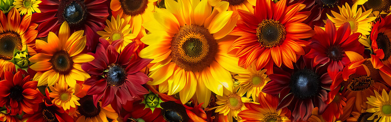 Obraz premium Bright bouquet of sunflowers with petals in various shades of yellow and red, creating a vibrant visual effect. Suitable for postcards and marketing materials.