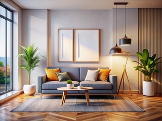 Modern Living Room Interior Design with Silhouette Photography Featuring an Empty Mockup Poster and Stylish Couch Decor for Home Decor Inspiration