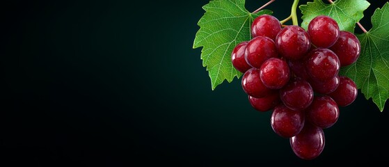 Fototapeta premium A tight shot of grapes bunched on a branch against a black backdrop, with emerald leaves present