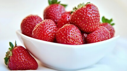 Ripe sweet strawberries in a bowl. Macro of fresh organic berries. Fruit background. Food ecology and agriculture. Illustration for banner, poster, cover, brochure, advertising, marketing, etc.