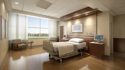 Fototapeta premium Modern luxury cosy hospital room with an empty bed for the patient and modern medical equipment. Private medical facility with professional services. Illustration for advertising, marketing, etc.