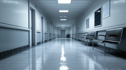 A long narrow empty corridor with closed doors along the walls. Apartments, wards or offices in a stylish modern building. Illustration for a cover, postcard, brochure or advertisement.