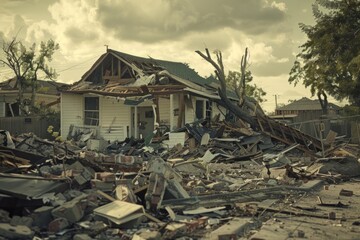 A house is in ruins with a lot of debris and rubble