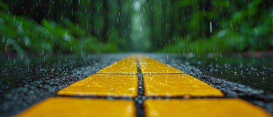  Amidst the forest, a solitary yellow stop sign stands by the roadside, bathed in rain