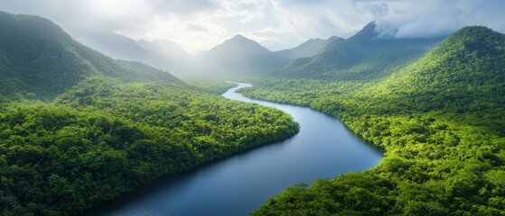  A lush green valley's center hosts a river Mountains backdrop the scene Sun filters through clouds, casting warm rays