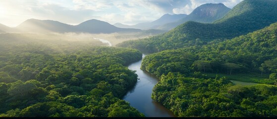  Aerial perspective of a river winding through a verdant valley enclosed by mountains beneath a clear blue sky dotted with white clouds