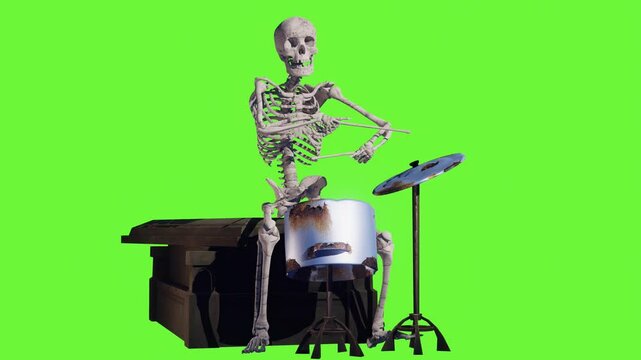 Halloween party: funny skeleton playing drums on green screen.
Animated video for greeting cards, invitations, posters, events, parties. 
