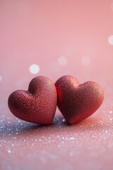 Fototapeta premium Two sparkling red hearts on a soft pink background adorned with shimmering glitter elements