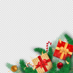 Christmas banner template with traditional gift boxes with bows, Xmas balls, striped candy canes, golden confetti and green pine branches on transparent background with copy space for design or text